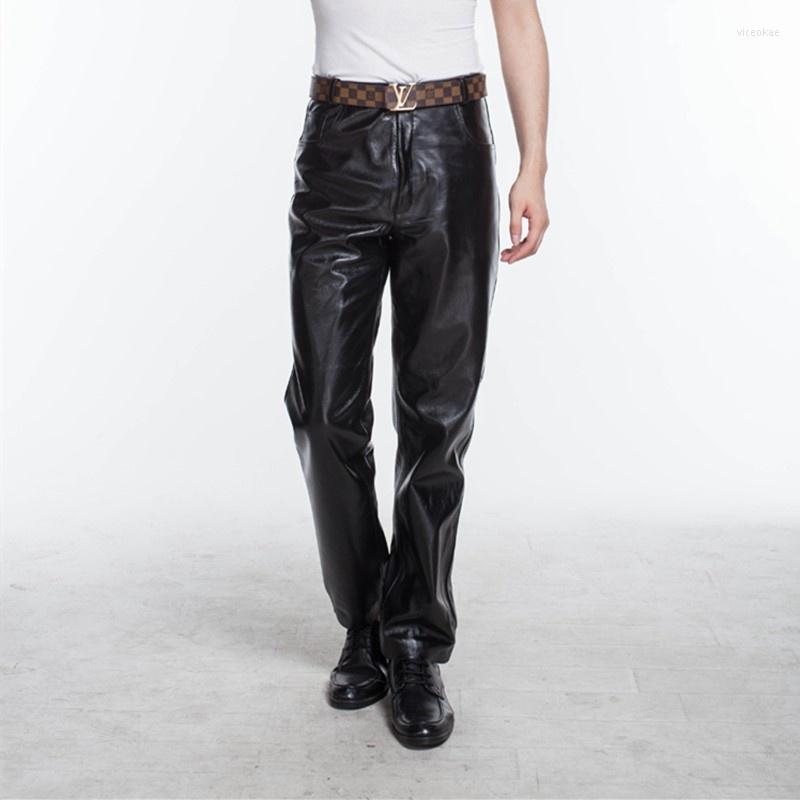 

Men's Pants Mens Genuine Leather High Waist Spring Autumn Winter Warm Pockets Casual Straight Zipper Full Length, Polyester lining
