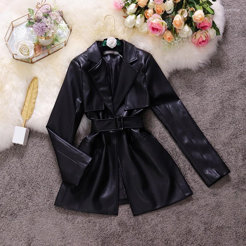 

Women's Leather Autumn Winter Women's Chic Notched Collar Long Sleeve Waist Slim PU Leater Jackets & Faux, Black