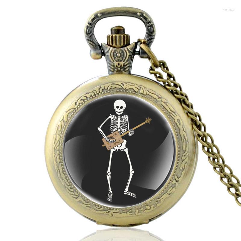 

Pocket Watches Classic Skeleton Guitarist Vintage Quartz Watch Men Women Glass Dome Skull Pendant Necklace Hours Clock Gifts, Black