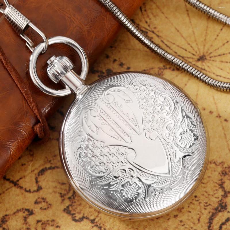 

Pocket Watches Shield Carved Design Silver Copper Shell Watch Automatic Mechanical Arabic Digital Dial Women Clock Pendant Collectible