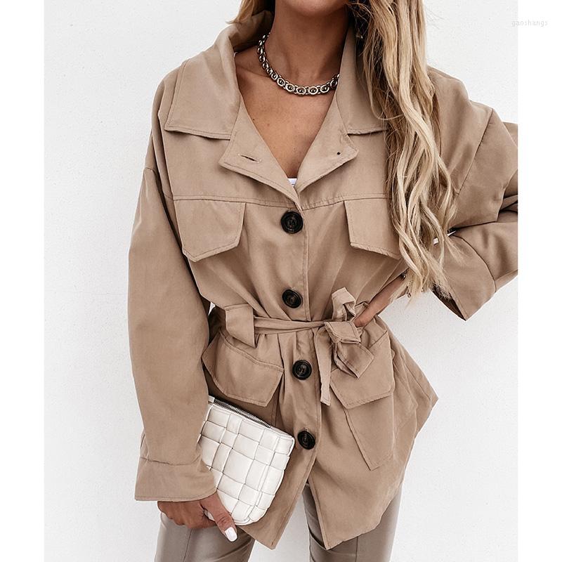 

Women' Trench Coats Fashion Autumn Turn Down Collar Women Elegant Single Breasted Tie Belt Casual Pockets Long Ladies Women, White