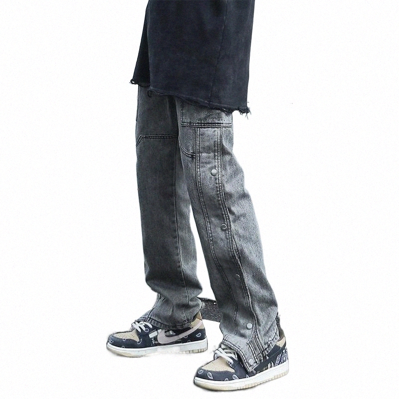 

men's Jeans YIHANKE Men/Women Black&Blue For Men High Street Stacked Bottons Boyfriend Vibe Pants Moto Trouse Softener I6tx#, Black grey