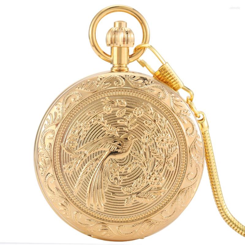 

Pocket Watches Grandeur Double Open Mechanical Big Watch Fine Bird Carving Style Arabic Digital Dial Golden Necklace Pendant Clock Women, Carved