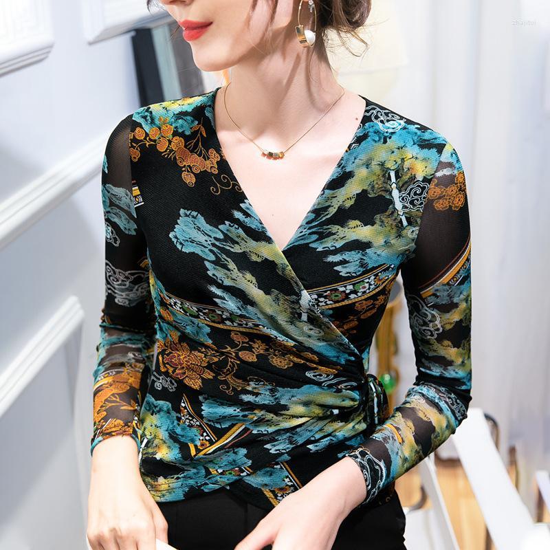 

Women' Blouses Women' & Shirts Women Fashion Printed Net Yarn Top 2022 Long-sleeved Lace-up Cross Blouse, Picture shown