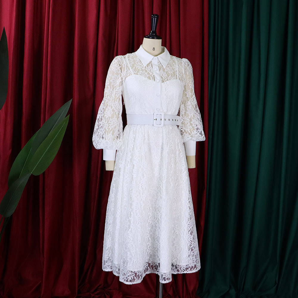 

New Lace Perspective Dress Costumes Suspender Skirt European American Women's Sexy Dress A-line Swing Evening Gown Party Dresses, White