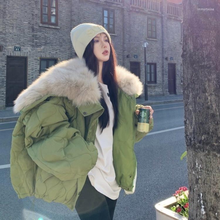 

Women's Trench Coats Wool Collar Cotton Padded Jacket 2022 Winter Loose Korean Green Medium And Long Thickened Warm C1339