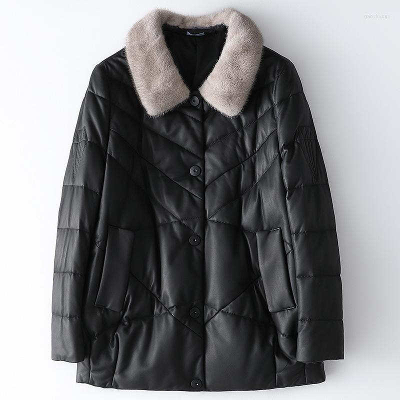 

Women's Leather Fashionable Collar Down Jacket Autumn Winter 2022 Women's Medium Length Coat Black Thick Warm Parka & Faux