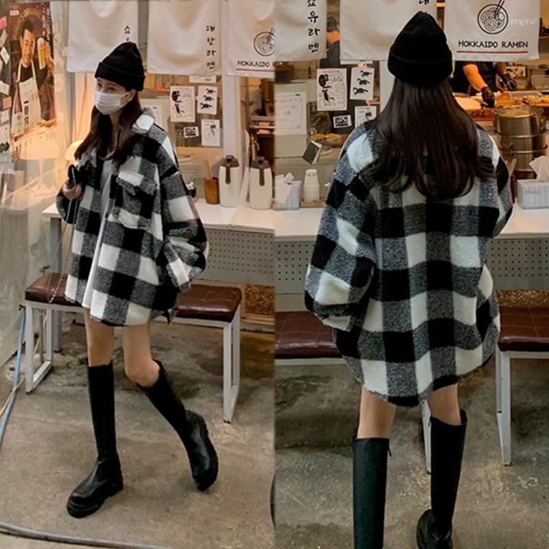

Women's Jackets Women's Chic South Korea Autumn And Winter Retro Lapel Network Red Fashion Temperament Black White Grid Long Woolen