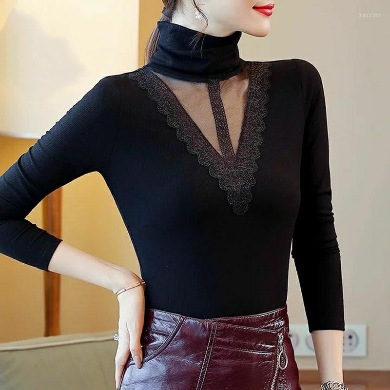 

Women's Blouses Women's Spring Autumn Style Lace Shirt Turtleneck Long Sleeve Mesh Splicing Tops DD9085, Black
