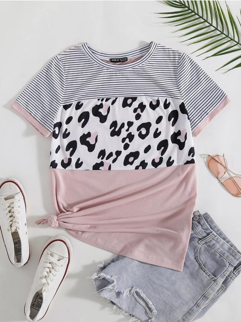 

Women' T Shirts Striped & Leopard Print Colorblock Tee, Multicolor