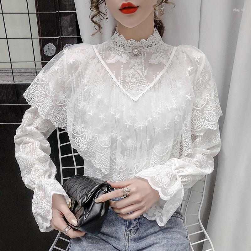 

Women' Blouses Women' & Shirts Women Autumn Korean Ruffle Lace Shirt Elegant Sweet Chic Long Sleeve Blouse Tops Female Solid Color, White