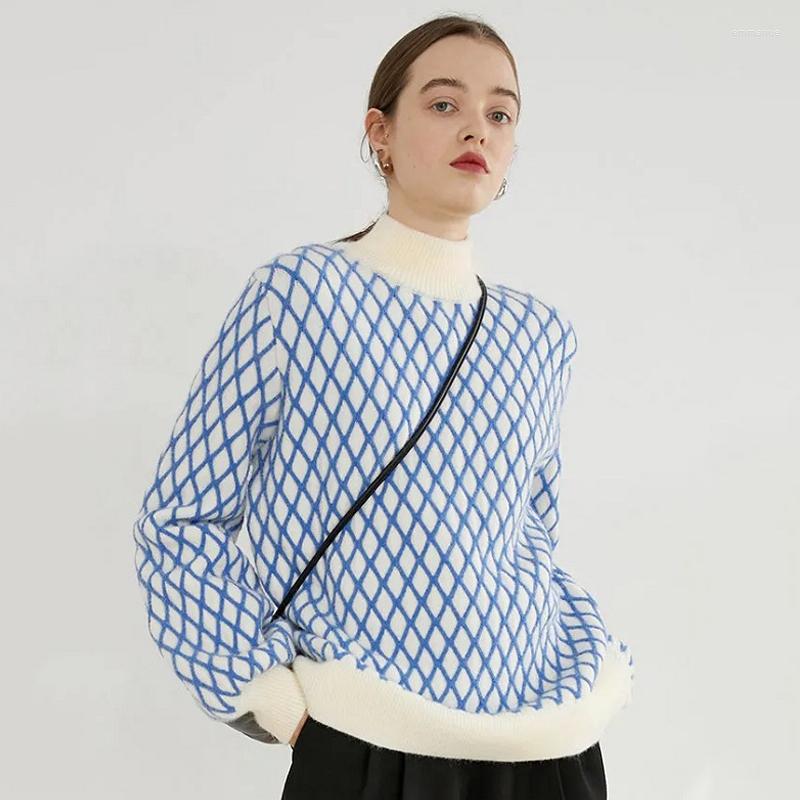 

Women's Sweaters 2022 Winter Korean Style Argyle Women Sweater Chic Long Puff Sleeve O Neck Ladies Knit Pullover Casual INS Female Clothing, Blue