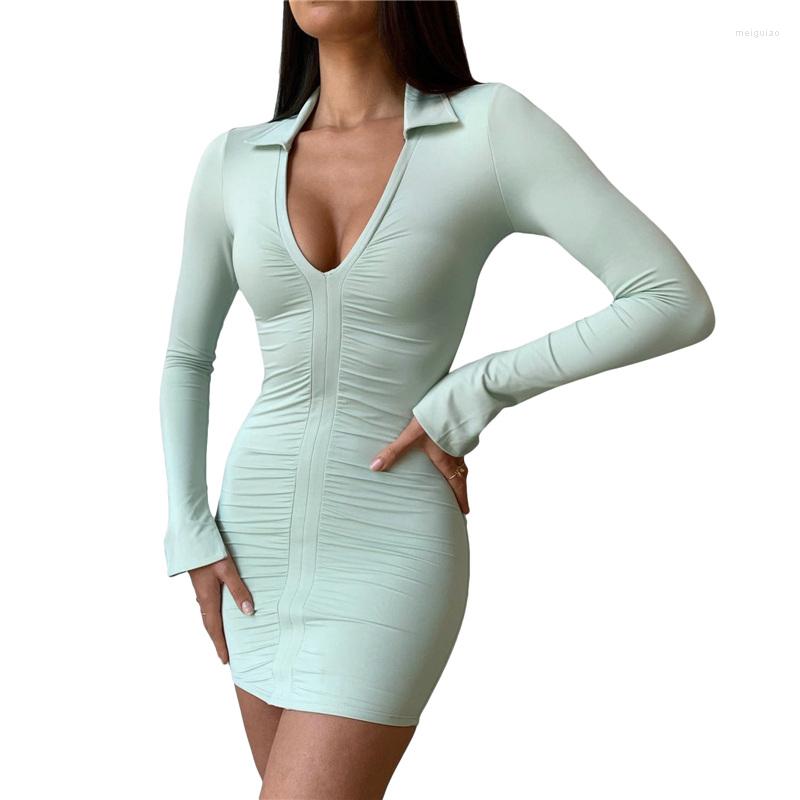 

Casual Dresses Women Wrapped Dress Long Sleeve V Neck Pleated Solid Color Ruffle Short Midi Green / White