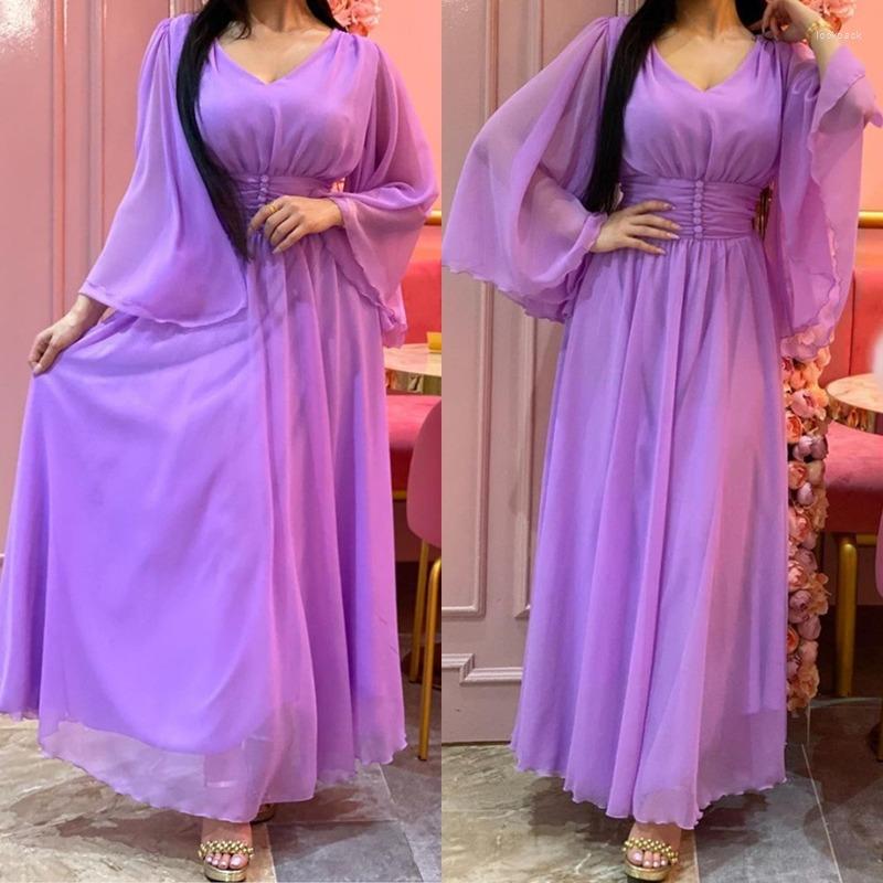 

Casual Dresses Women Dress Spring Autumn Fashion Solid Color Lace Slim High Waist Bell Sleeve V-neck Pleated Stitching, Lavender