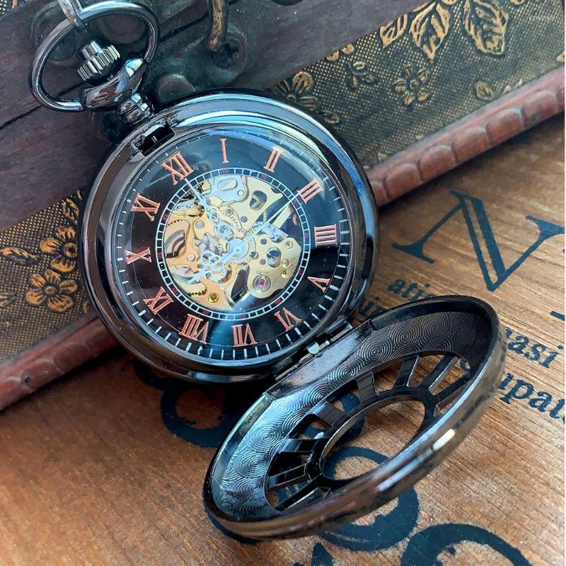 

Pocket Watches 8931 Black Creative Wheel Open Cover Mechanical Watch Men's And Women's Accessories With Necklace