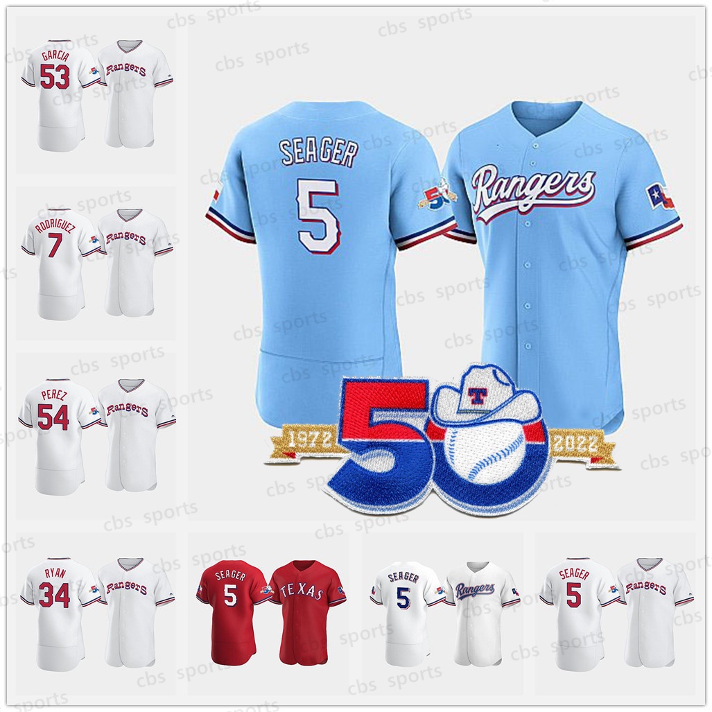 

1972 Martin Perez 50th Anniversary Throwback Rangers jersey 5 Corey Seager 53 Adolis Garcia 2 Marcus Semien 30 Nathaniel Lowe Nolan RyanAdrian Beltre Texas Jersey, Nk logo+front number