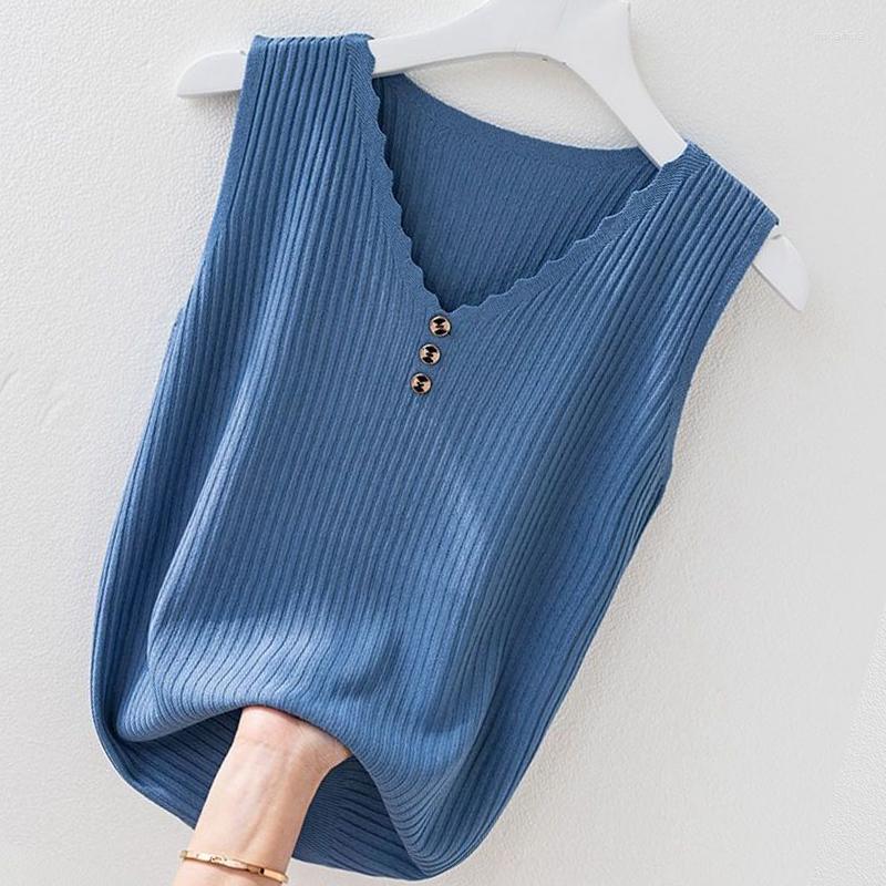 

Women' Tanks Women' Tops For Summer Women Vest With Button V Neck Solid Outwear Elegant Ice Silk Basic Knitted Camisole Female, Blue