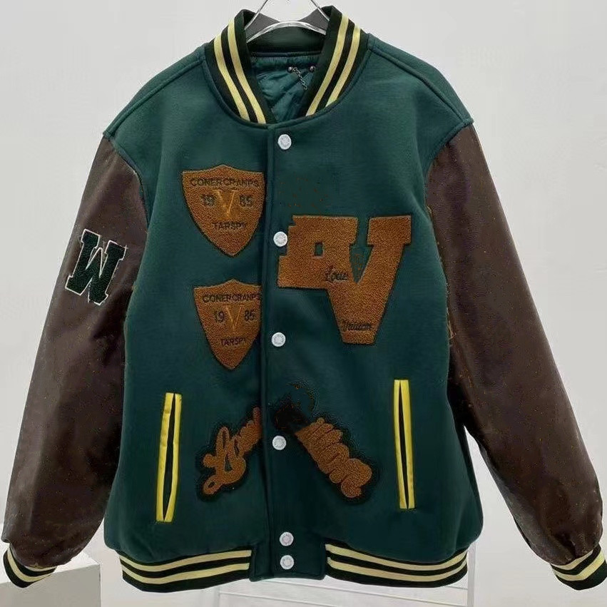 

Designer Luxury Quality 22SS Patchwork Leather Jackets Fashion Embroidered Muay Thai Letters Logo Men's and Women's Baseball Jacket, Green