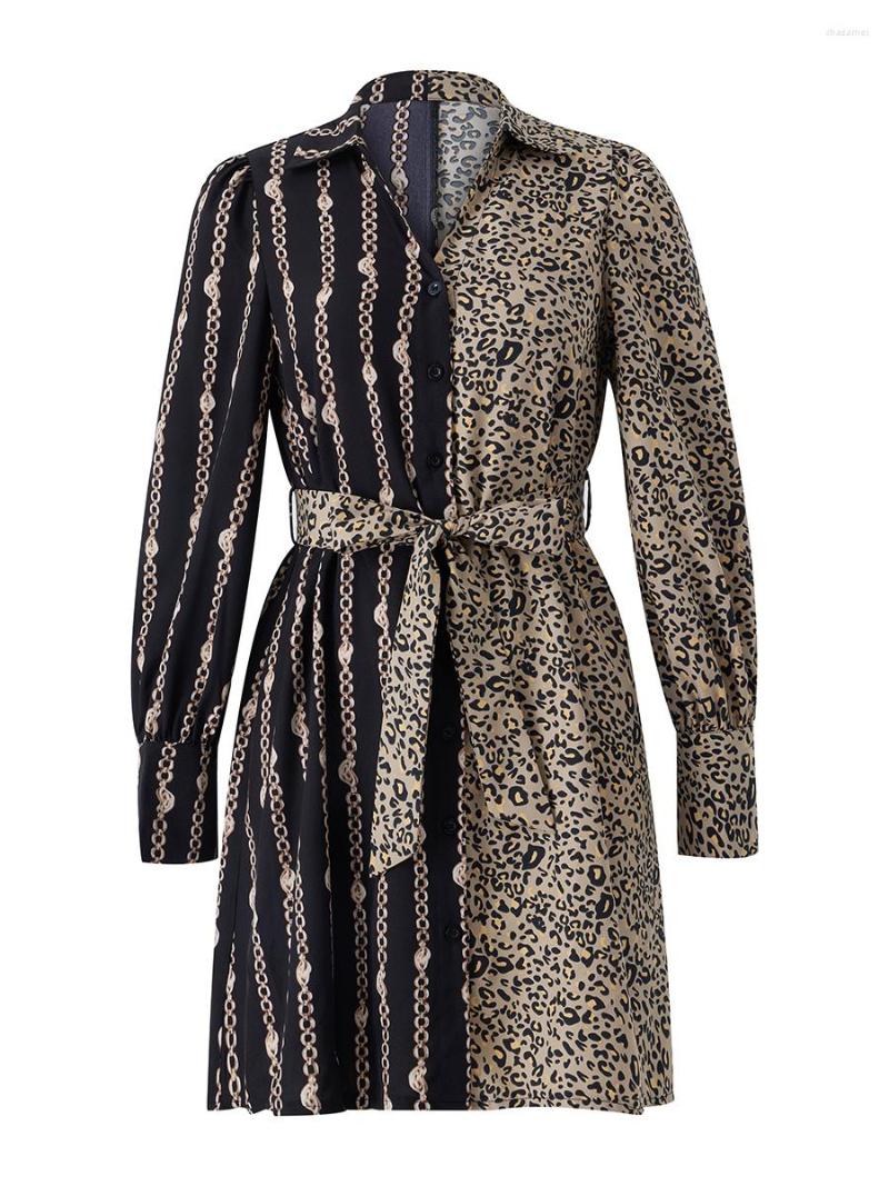 

Casual Dresses Female Shirt Dress Printed Patterns Turn-Down Collar Long Sleeve With Waist Belt  M L XL XXL, Brown