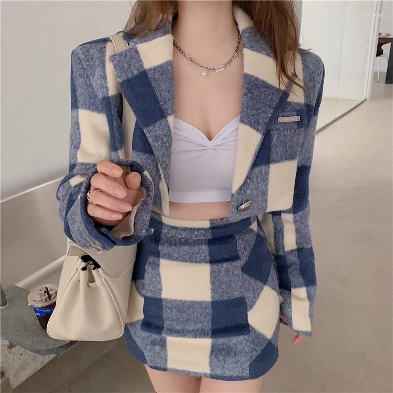 

Women' Suits Sweet Woollen Plaid Short Blazer Suit 2022 Summer Women Single Button Blue And White Casual Office Student Clothing, Blue blazer