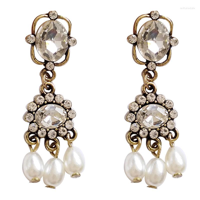 

Backs Earrings Vintage Shinny Rhinestones Clip On Non Pierced For Women Water Drop Imitation Pearls Baroque