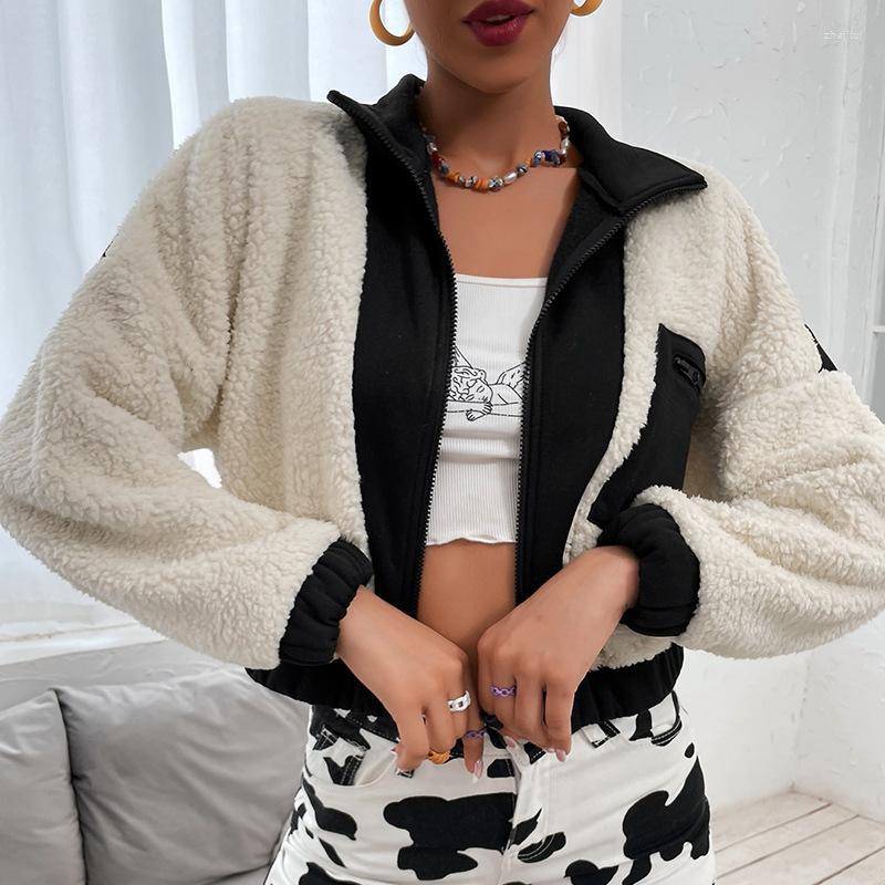 

Women's Fur Women's & Faux Fall/winter 2022 Plush Jacket Zipper Cardigan Contrast Color Splicing Short, Black and white