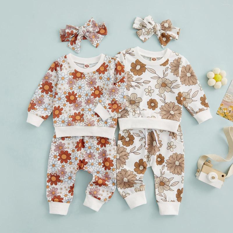 

Clothing Sets Kid Infant Baby Girl Autumn Clothes 3Pcs Set Long Sleeve Round Neck Flower Print Pullover Elastic Waist Trousers Headband