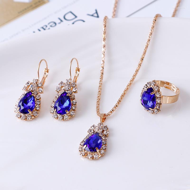

Necklace Earrings Set Fashion Personality Water Drop Zircon Earring Ring For Woman Shiny Luxury Wedding Banquet Jewelry Three-piece, Picture shown