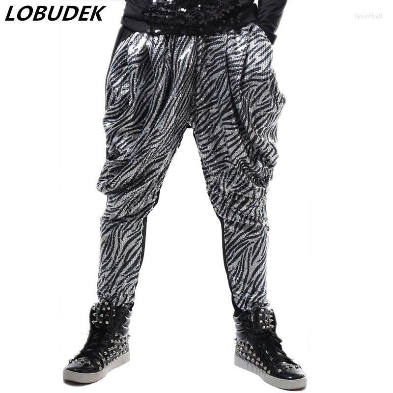 

Men' Pants Tide Men Nightclub Hip-Hop Stage Wear Sparkly Sequins Harem Bar DJ Singer Rock Costume Fashion Casual Loose Trousers