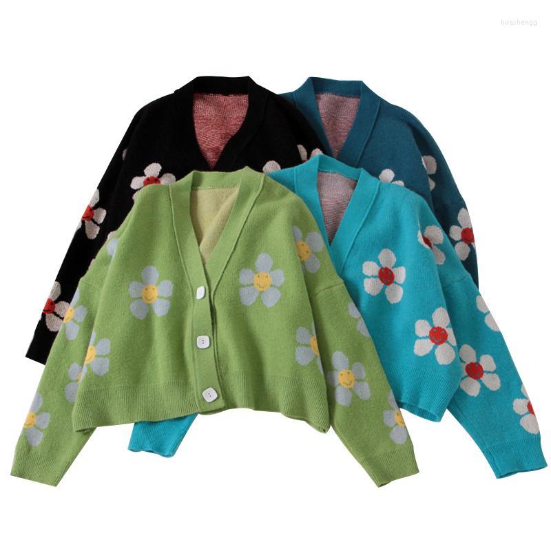 

Women's Knits Women Loose Knitwear Adults Flower Pattern Long Sleeve V-neck Button Down Cardigan Leisure Wear Autumn Winter Women's &, Black