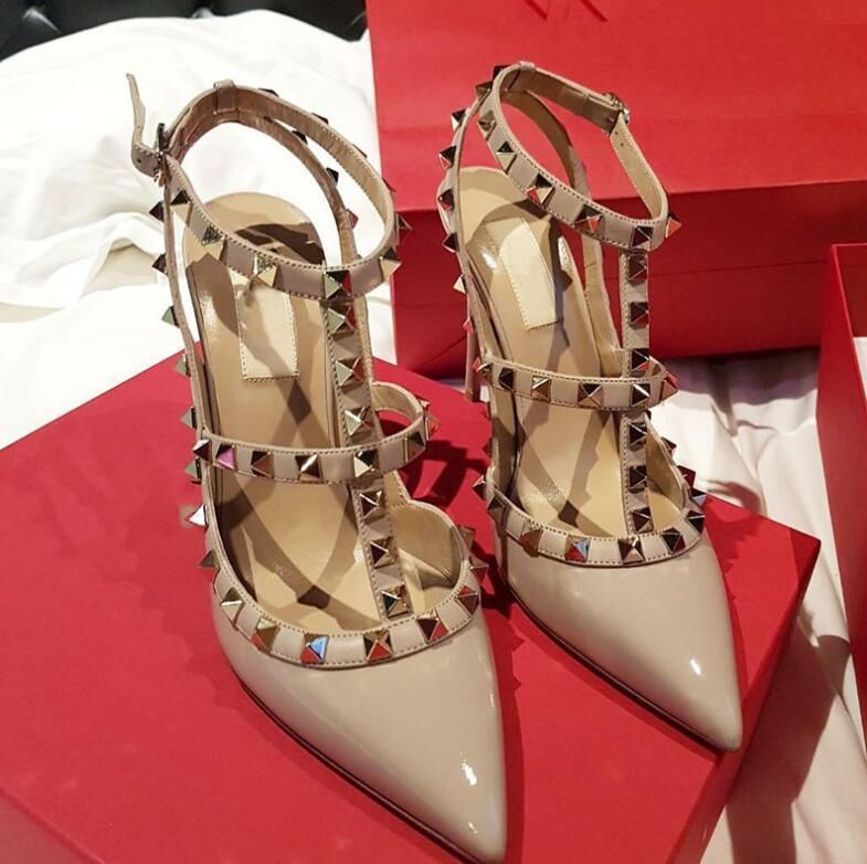 

2022 Branded Sandals Rivets High Heels Dress Shoes Patent Leather Women's Rivets Pointed Toe Two Ankle Buckles Ladies Sexy Neon Colors, Color 15