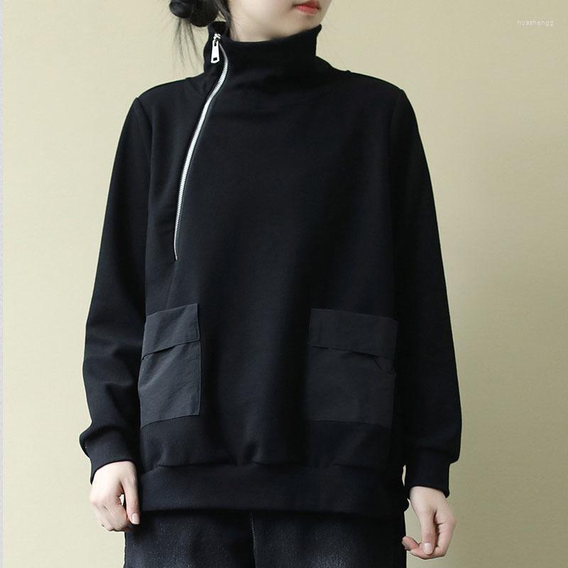 

Women's Hoodies Black High Collar Zipper Casual Sweatshirt Women Long Sleeve Loose Coat Tops 2022 Spring Korea Style Sweatshirts