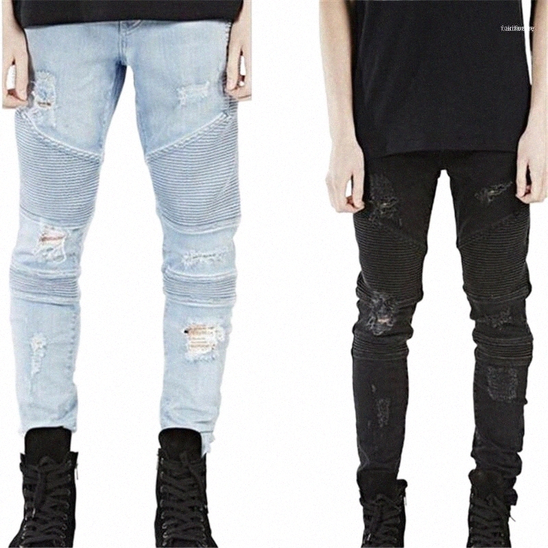 

men's Jeans Wholesale- Mens Hip Hop Swag Biker True Ripped Destroyed Skinny Slim Fit Black Blue Fashion Style Clothing 1 y9eX#