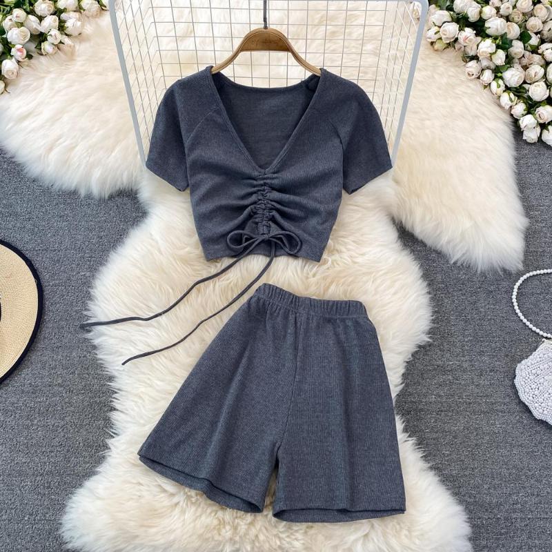 

Women's Tracksuits Fashion Leisure Sports Running Shorts Suit Korean Girl V-neck Drawstring Slim Short Top Two Piece Wide Leg Pants Set, Black