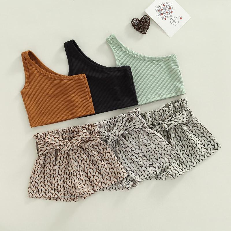 

Clothing Sets Infant Kids Baby Girls One Shoulder Tanks Shorts Bow Waist Elastic Sweet Style Summer 1-5T, Black