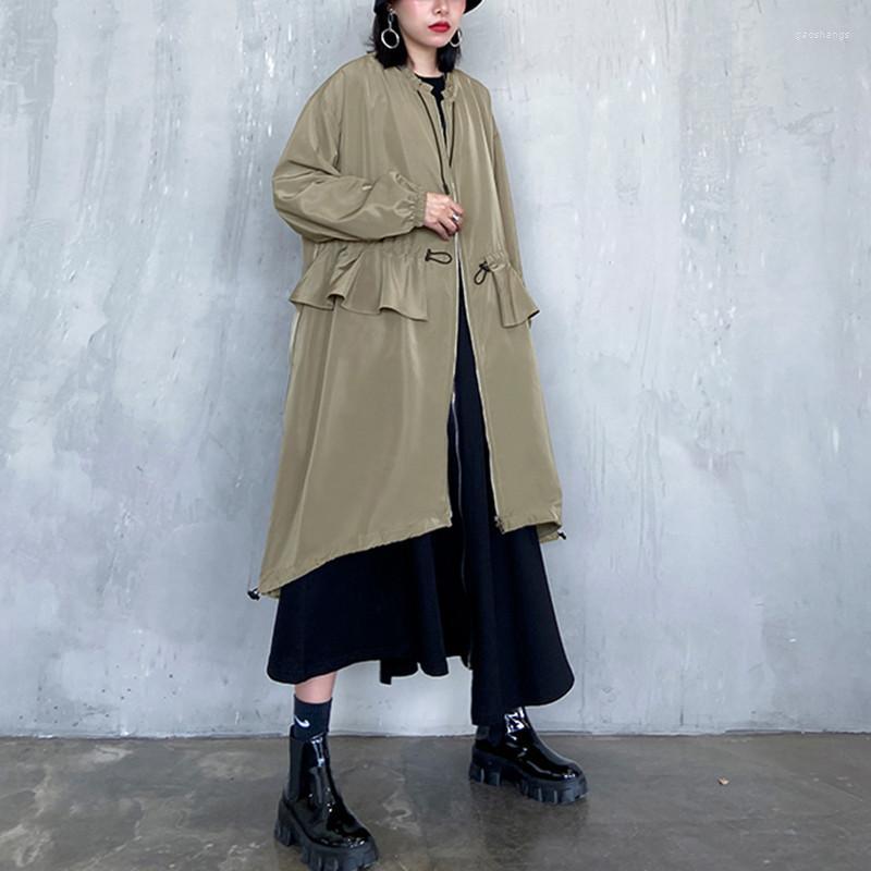 

Women's Trench Coats Johnature Autumn Windproof Loose Women 2022 Fashion Casual Solid Color O-necck Ruffles Zippers Irregular Female, Black
