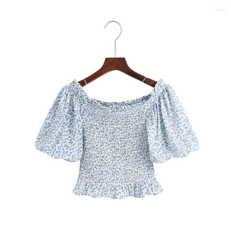 

Women's Blouses Women's & Shirts French Style Retro Square Collar Fold Floral Bubble Sleeve Chiffon Blouse Han Summer Slim Word, Light green