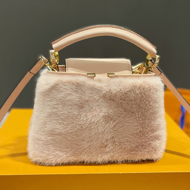 

evening bag Designer Women Mini Capucines Mink Hair Tote Bag France Paris Luxury Brand L Animal Fur Top Handle Shoulder Bags Lady Small Mono, Red 20cm