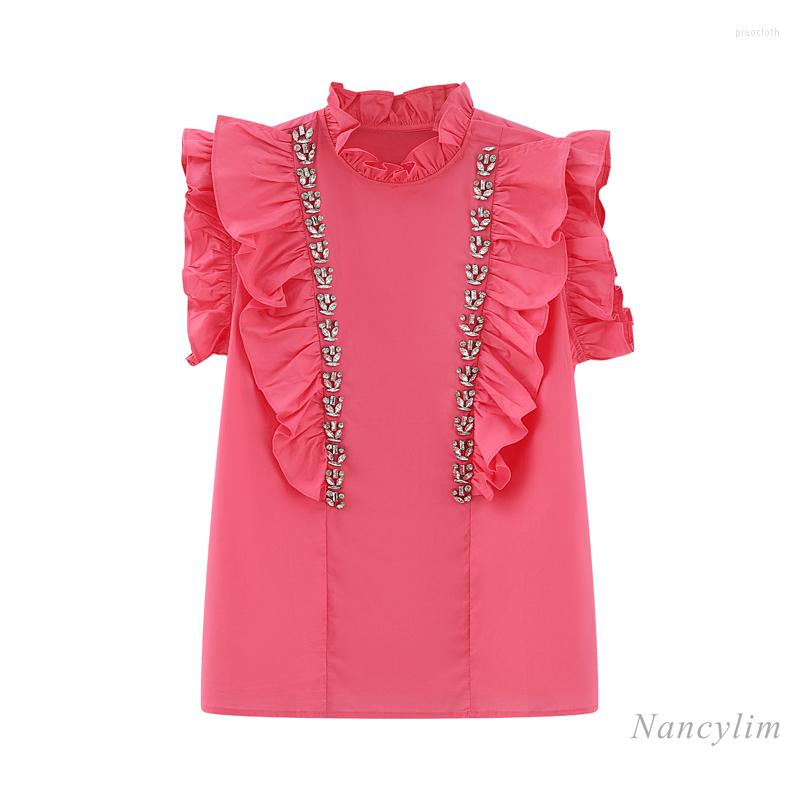 

Women' Blouses Sleeveless Ruffled Collar Beads Rhinestones Pink Shirt Women 2022 Spring Summer Retro Korean Style Pullover Blouse Blusas