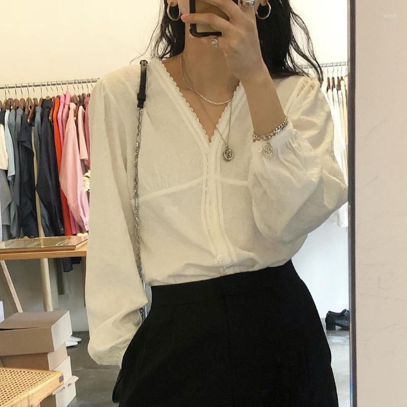 

Women's Blouses 2022 Women Summer White Lace V Neck Blouse Full Sleeve Single Breasted Shirt Casual Cotton Tops