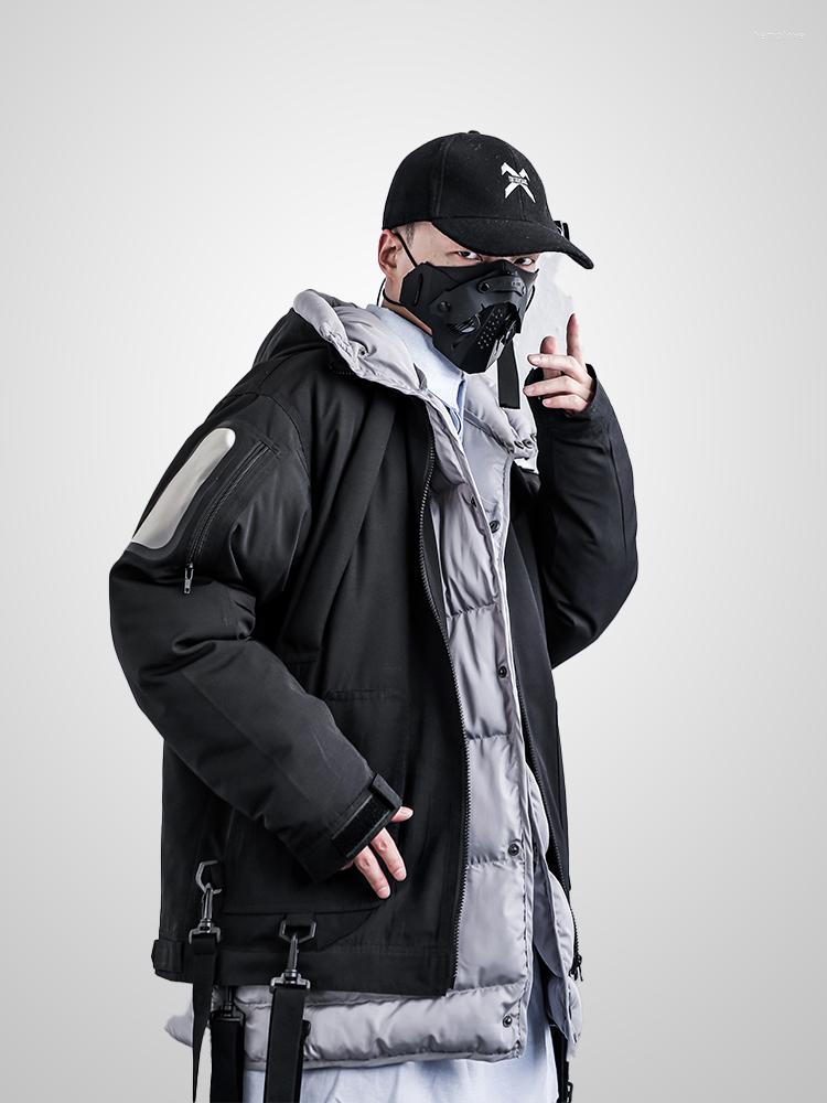 

Men's Down Casual Dark Fake Two-Piece Mens Winter Jackets Function Cotton Hooded Suit Warm Coats Parka Multi-pocket Girls Teens Male, Black