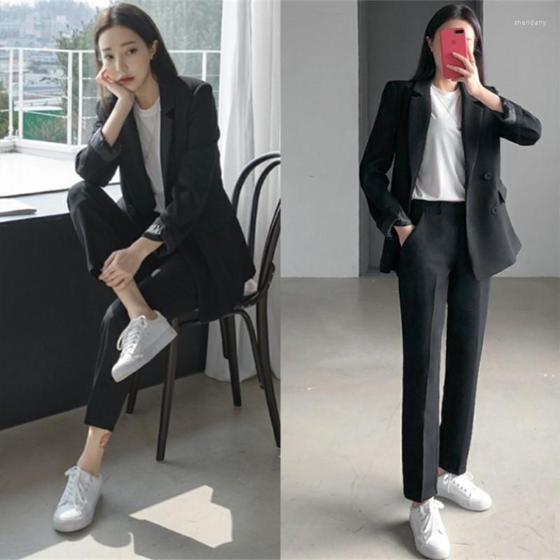 

Women' Two Piece Pants Spring And Autumn Slim Fashion High Quality Suit Set Female Professional Small Dress England Wind OL Two-piece, Black