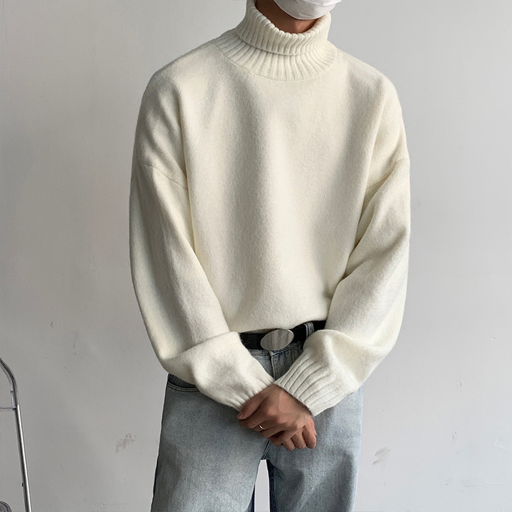 

Korean Fashion Turtleneck Sweater Men Streetwear Men High Neck Knitted Clothing Trend Sweaters Male, Blue
