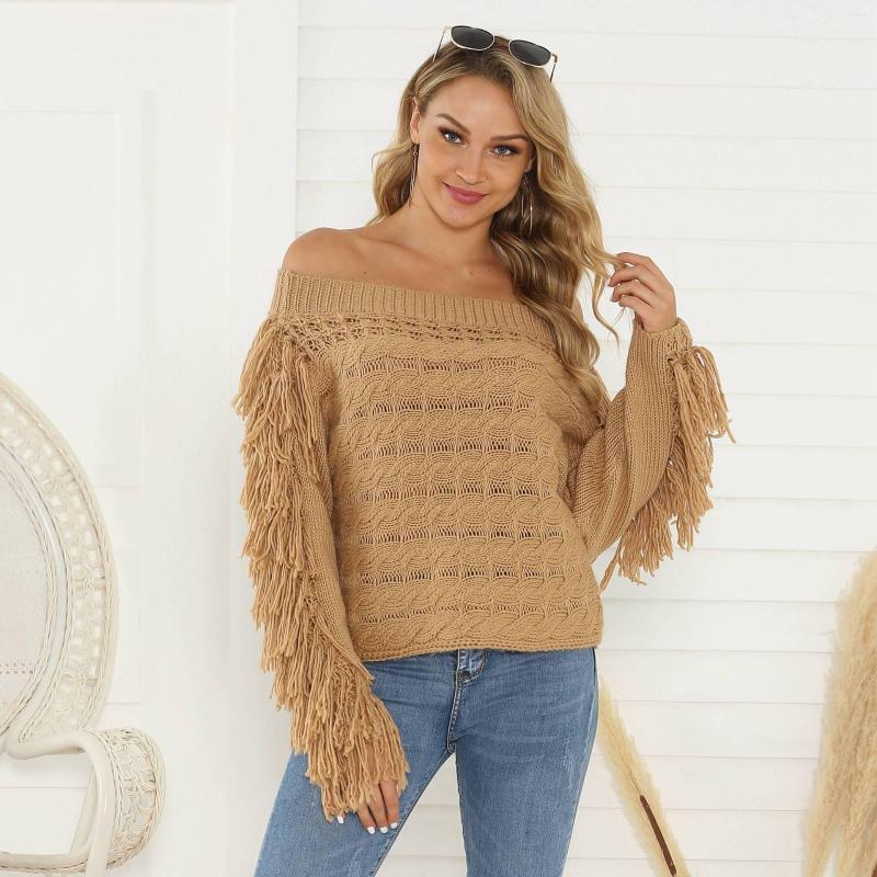 

Women' Sweaters European Style Slash Neck Sexy Women Batwing Sleeve Streetwear Loose Jumper 2022 Autumn Winter Tassel Fashion Tops, Khaki