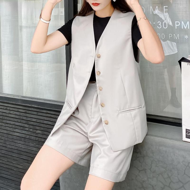 

Women's Tracksuits Blazer Shorts Set Women Sleeveless Jacket Vest Top High Waist Female Fashion Casual Two Piece Suit Summer Fall Clothes, Gray