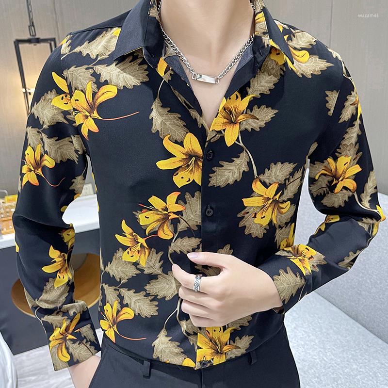 

Men's Casual Shirts 2022 Floral Printed For Men Autumn Long Sleeve Slim Shirt Fashion Social Streetwear Camisa Masculina Clothing, Red