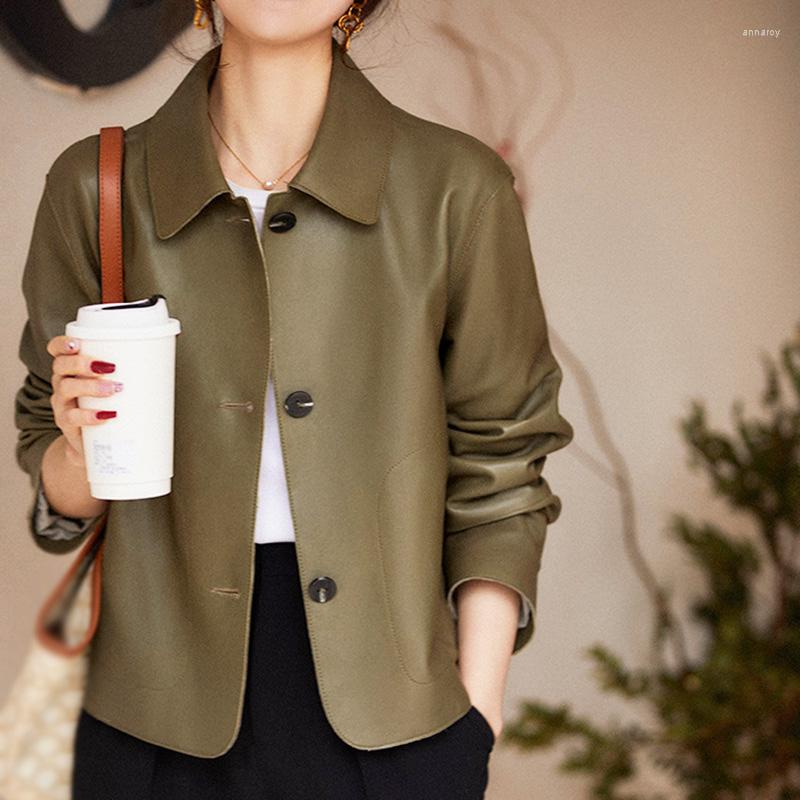 

Women's Leather Lady Vegan Jackets Solid Simple Crop Sheepskin Coats Single-Breasted Loose Short Retro 2022 Fall ZM4048, Khaki green