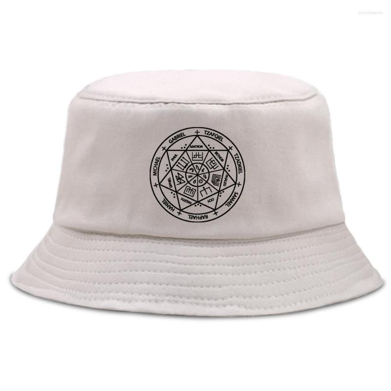 

Berets Seal Of The Seven Archangels Print Ladies Hat Casual Foldable Street Bob Man Summer Unisex Cotton Sunbonnet Bucket Fishing Cap, Beige