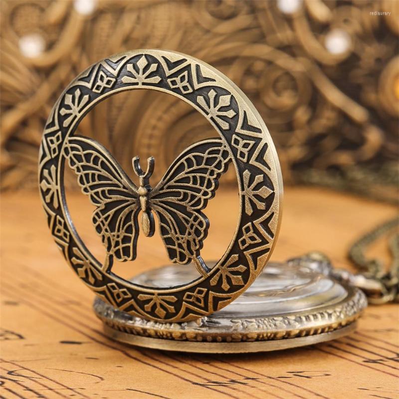 

Pocket Watches Hollow Bronze Butterfly Quartz Watch Sweater Chain Necklace Pendant Antique Clock Gifts Men Women, With necklace chain