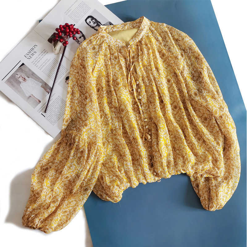 

New French fresh and sweet small stand collar silk chiffon shirt women' printed Lantern Sleeve short lace up shirt, Yellow